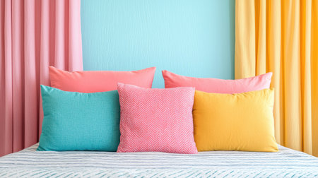A cozy arrangement of colorful pillows on a bed, complemented by pastel curtains, creating a vibrant and inviting ambiance.の素材
