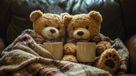Two cuddly teddy bears snuggle under a blanket, holding mugs, radiating warmth and comfort in a cozy setting.の素材