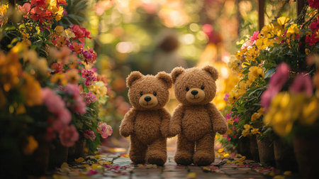 Two teddy bears stand hand in hand amidst a vibrant flower garden, creating a heartwarming and charming scene filled with color.の素材
