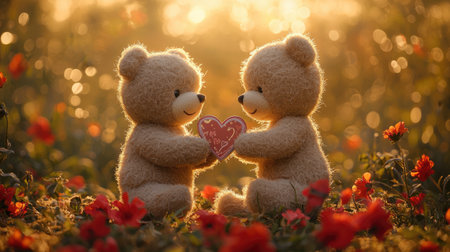 Two plush teddy bears hold a heart-shaped gift, surrounded by a vibrant flower field and soft, glowing sunlight.の素材