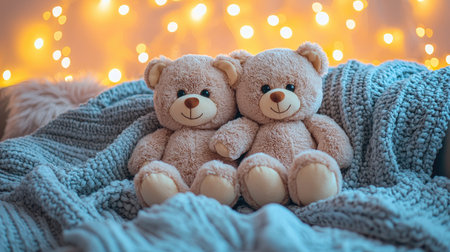 Two teddy bears sit on a cozy blanket, illuminated by soft, glowing lights in the background, creating a warm and inviting atmosphere.の素材