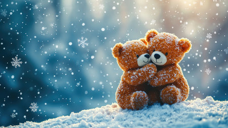 Two cuddly teddy bears sit close together in a snowy landscape, surrounded by gently falling snowflakes, evoking warmth and affection in a winter setting.の素材