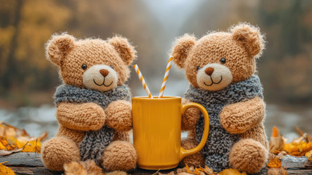 Two adorable teddy bears wearing scarves sit beside a yellow mug, surrounded by autumn leaves, creating a cozy, warm atmosphere.の素材