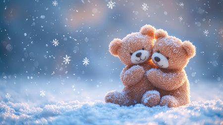 Two cute teddy bears cuddle in a snowy landscape, surrounded by gentle falling snowflakes, evoking warmth and affection in a winter setting.の素材