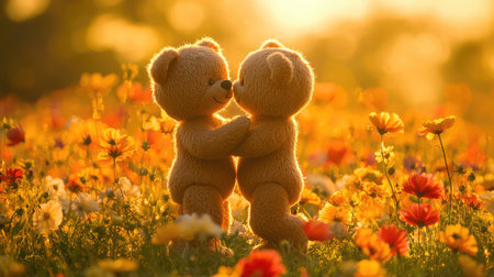 Two teddy bears embrace in a vibrant flower field during sunset, capturing a moment of love and warmth in a serene, picturesque setting.の素材