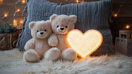 Two plush teddy bears sit beside a glowing heart on a cozy surface, creating a warm and inviting atmosphere.の素材