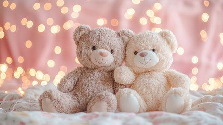 Two cuddly teddy bears sit together on a soft surface, surrounded by soft pink lights, creating a cozy and heartwarming atmosphere.の素材