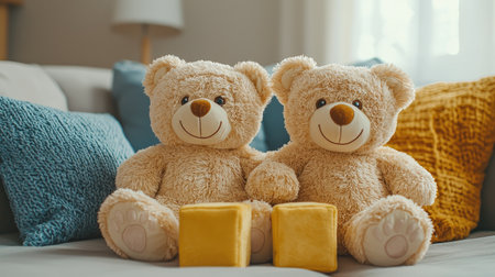 Two adorable teddy bears sit side by side on a cozy couch, surrounded by colorful pillows and soft blocks, creating a warm, inviting atmosphere.の素材