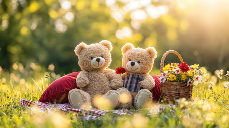 Two cute teddy bears sit on a blanket in a sunny meadow, accompanied by a basket of flowers, evoking a warm, cheerful vibe.の素材