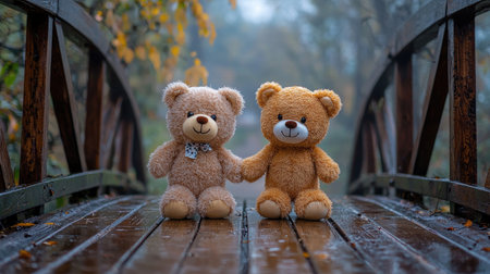 Two cute teddy bears hold hands on a wooden bridge in a misty, serene setting, surrounded by autumn foliage and wet wooden planks.の素材