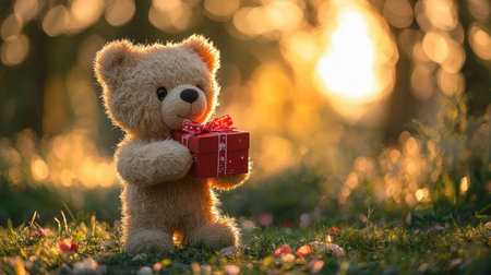 A cute teddy bear holds a small gift, surrounded by a warm, glowing background of nature, creating a charming and heartwarming scene.の素材