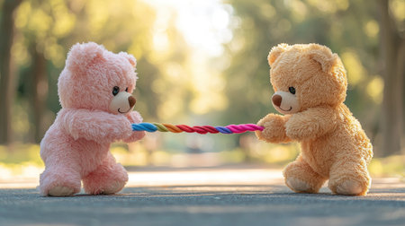 Two adorable teddy bears, one pink and one brown, playfully tug on a colorful rope in a serene outdoor setting.の素材