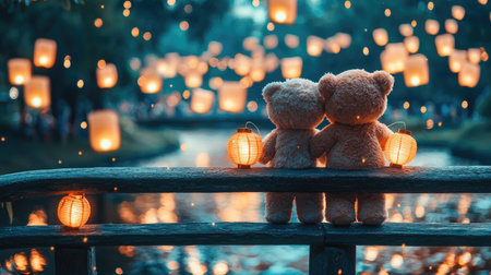 Two teddy bears hold lanterns, gazing at floating lights over a serene waterway, creating a magical and cozy atmosphere.の素材