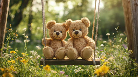 Two teddy bears sit on a swing amidst a vibrant meadow, surrounded by blooming flowers, capturing a moment of innocence and joy.の素材