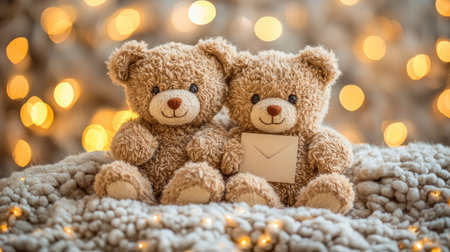 Two adorable teddy bears sit together on a cozy blanket, surrounded by soft lights, exuding warmth and charm.の素材
