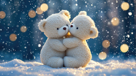 Two adorable teddy bears embrace in a snowy setting, surrounded by shimmering lights, evoking warmth and love.の素材