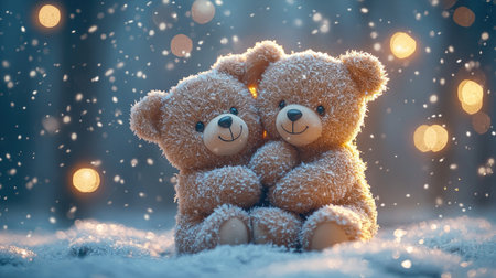 Two cuddly teddy bears sit together in a snowy landscape, surrounded by soft snowflakes and warm, glowing lights.の素材
