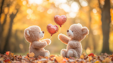 Two teddy bears hold heart-shaped balloons in a vibrant autumn setting, symbolizing love and friendship amidst colorful leaves.の素材