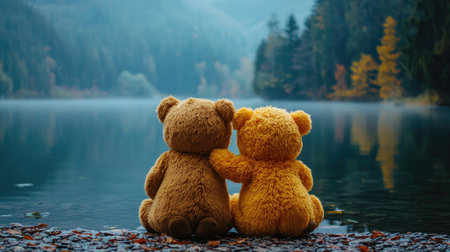 Two cute teddy bears sit side by side by a serene lake, surrounded by lush trees and a tranquil, misty atmosphere.の素材