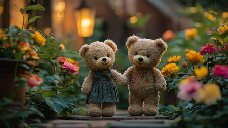 A charming scene featuring two teddy bears holding hands amidst colorful flowers and soft lighting, evoking a sense of warmth and affection.の素材