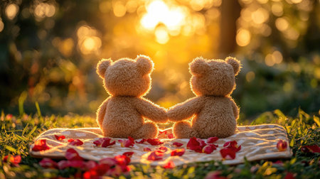 Two teddy bears sit closely together on a blanket, holding hands amidst rose petals, bathed in warm sunlight.の素材