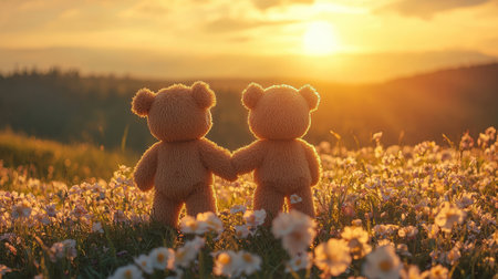 Two teddy bears hold hands in a vibrant flower field at sunset, showcasing a moment of love and friendship against a picturesque backdrop.の素材