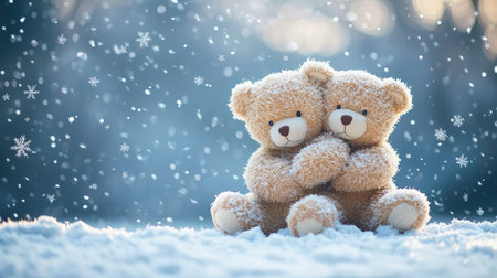 Two cute teddy bears embrace in a snowy landscape, surrounded by falling snowflakes, evoking warmth and love in a wintry setting.の素材
