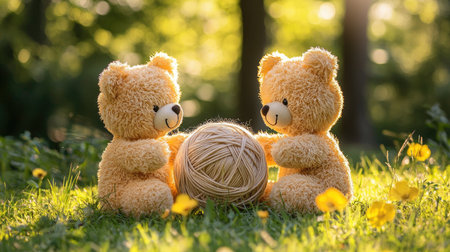 Two cute teddy bears sit in a sunny, grassy field, playfully holding a ball of yarn, surrounded by flowers and trees.の素材