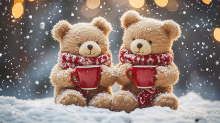 Two fluffy teddy bears wearing scarves sit in the snow, holding red mugs while snowflakes fall around them, creating a cozy winter atmosphere.の素材