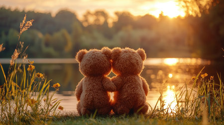 Two teddy bears sit close together by a tranquil lake during sunset, creating a heartwarming scene of companionship and love.の素材