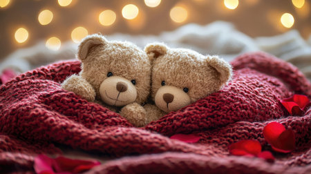 Two cute teddy bears snuggle together in a cozy blanket, surrounded by soft textures and rose petals, creating a warm, romantic atmosphere.の素材