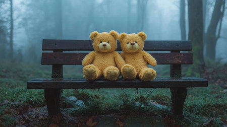 Two yellow teddy bears sit closely on a wooden bench in a misty forest, creating a serene and whimsical atmosphere.の素材
