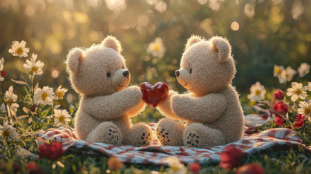 Two teddy bears sit together in a flower-filled meadow, sharing a red heart, symbolizing love and friendship in a serene, warm atmosphere.の素材