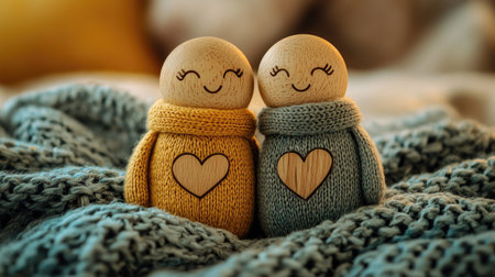Two wooden dolls with heart engravings, dressed in cozy scarves, sit together on a textured blanket, exuding warmth and affection.の素材