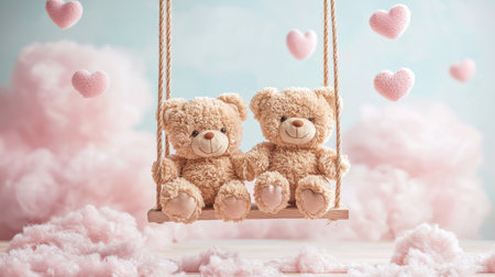 Two adorable teddy bears swing amid fluffy clouds and pink hearts, creating a whimsical and romantic atmosphere.の素材