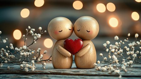 A charming wooden couple holds a red heart, surrounded by soft lights and delicate flowers, symbolizing love and connection.の素材