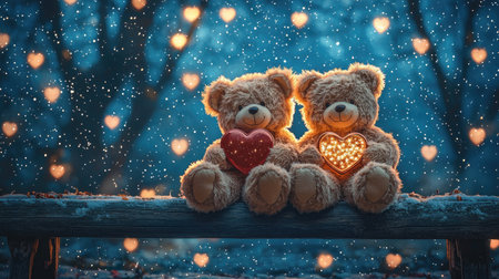 Two teddy bears sit together on a bench, holding heart-shaped pillows, surrounded by glowing lights in a snowy setting.の素材