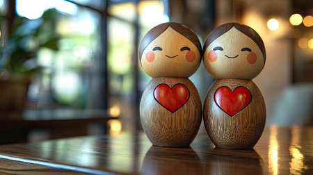 A charming pair of wooden dolls with cheerful expressions, adorned with red hearts, sitting on a table in a cozy setting.の素材
