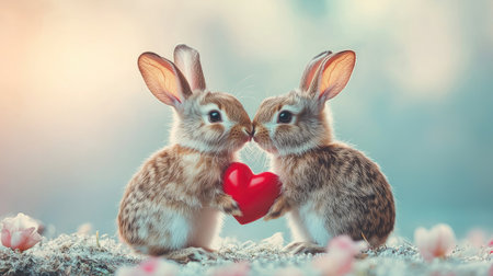 Two cute rabbits share a red heart, surrounded by soft flowers, symbolizing love and affection in a dreamy, pastel setting.の素材