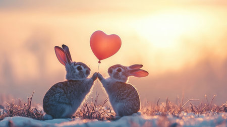 Two cute rabbits hold a heart-shaped balloon against a soft sunset backdrop, embodying love and companionship in a serene winter setting.の素材