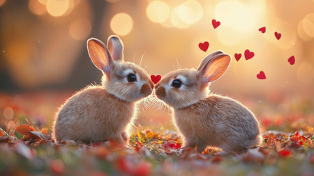 Two adorable rabbits share a tender moment, surrounded by autumn leaves and floating hearts, capturing the essence of love and affection.の素材