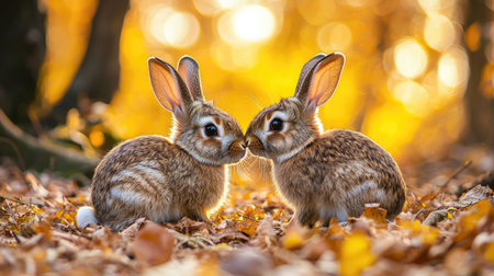 Two adorable rabbits nuzzle each other amidst a backdrop of golden autumn leaves, creating a warm and intimate scene.の素材