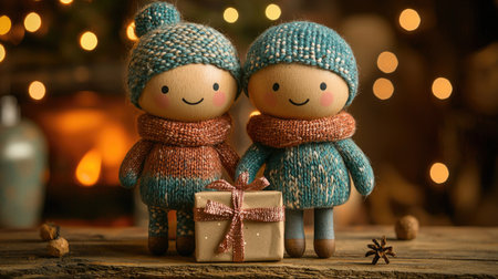 Two cheerful knitted dolls stand together with a gift, surrounded by festive lights and warm holiday ambiance.の素材