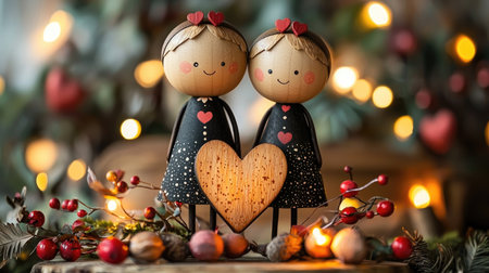 Two charming wooden dolls with hearts stand together, surrounded by twinkling lights and festive decorations, symbolizing love and togetherness.の素材