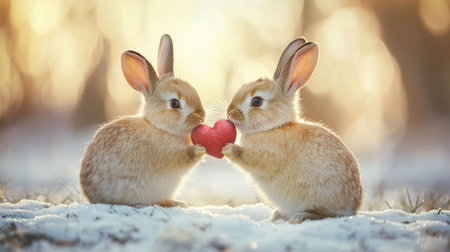 Two adorable rabbits share a red heart, surrounded by a serene winter landscape, capturing a moment of love and togetherness.の素材