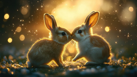 Two adorable rabbits nuzzle affectionately in a dreamy, softly lit setting, surrounded by a magical ambiance of light and warmth.の素材