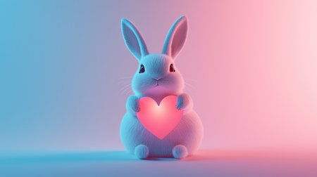 A cute bunny holding a glowing heart, set against a softly lit pink and blue backdrop, evoking themes of love and warmth.の素材