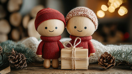 Two cheerful wooden dolls in cozy hats stand beside a wrapped gift, surrounded by pinecones and festive decorations, capturing a warm holiday spirit.の素材
