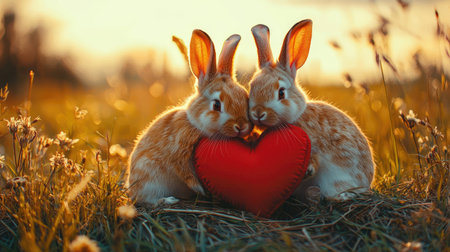 Two adorable rabbits share a red heart in a sunlit meadow, symbolizing love and affection in nature.の素材