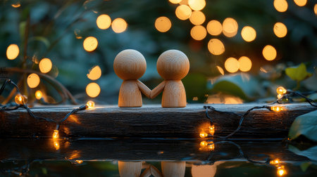 Two wooden figures hold hands on a log, surrounded by warm, glowing lights, creating a romantic and serene atmosphere.の素材